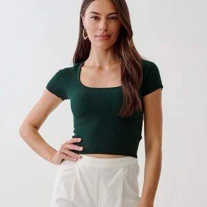 Reformation Dark Green Ribbed square neck short sleeve Top
